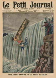 Zwei Kinder, die von den Niagarafällen mitgerissen werden, Titelillustration von 